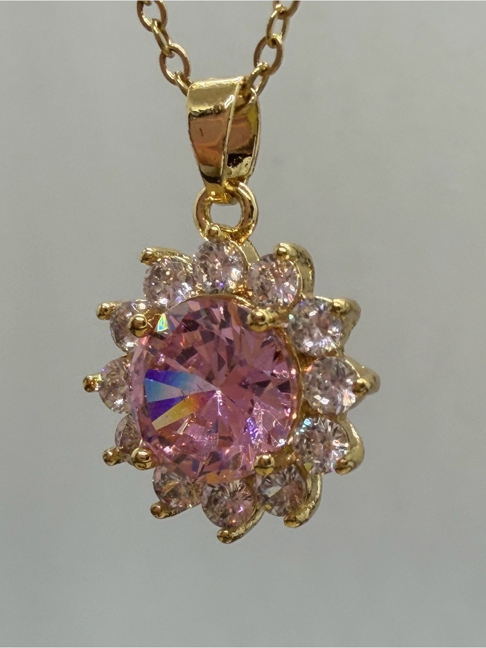 Gold-Plated Pink Crystal Pendant Necklace